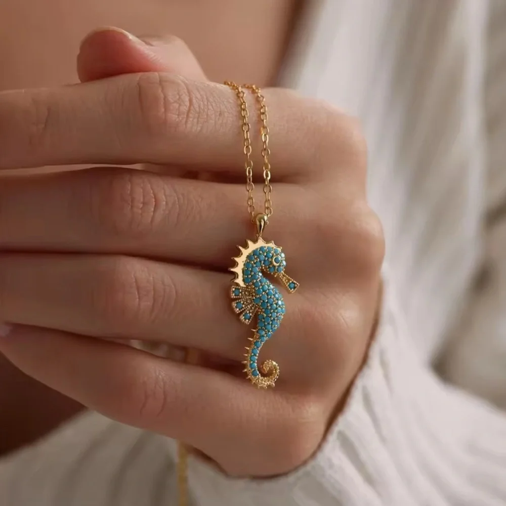 18K Gold Seahorse Micro Pave Turquoise Gemstones Bohemian Minimalist Nautical